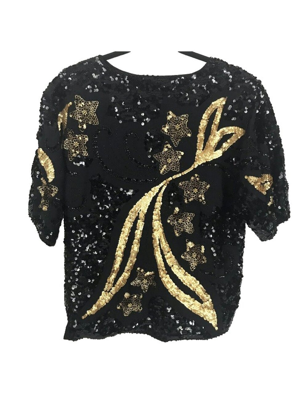 Vintage Sail Away Royal Cruise Line Sequin Blouse Black Gold Womens Size S